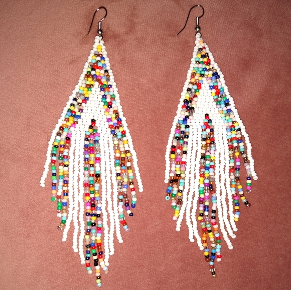 Long 5" Multicolor White Stripe Handmade Beaded Oversized Statement Earrings New - Picture 1 of 6